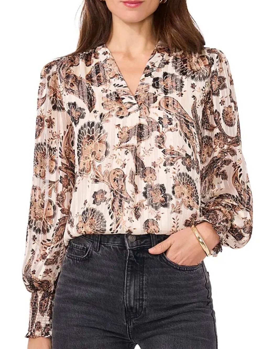 Vince Caputo Pleated Brown Paisley Blouse Plus Sz 2X Smocking On Cuffs NWT